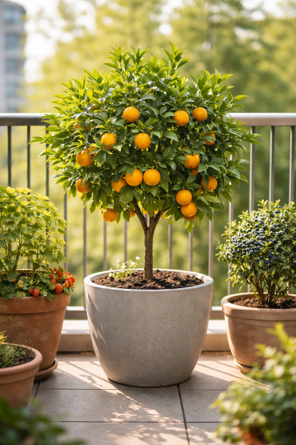Dwarf citrus tree in a container on a small balcony