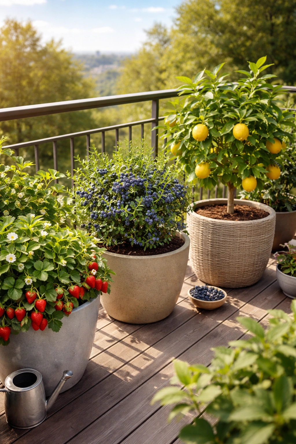 Sunlit balcony with fruit-bearing containers featuring strawberries, blueberries, and citrus.