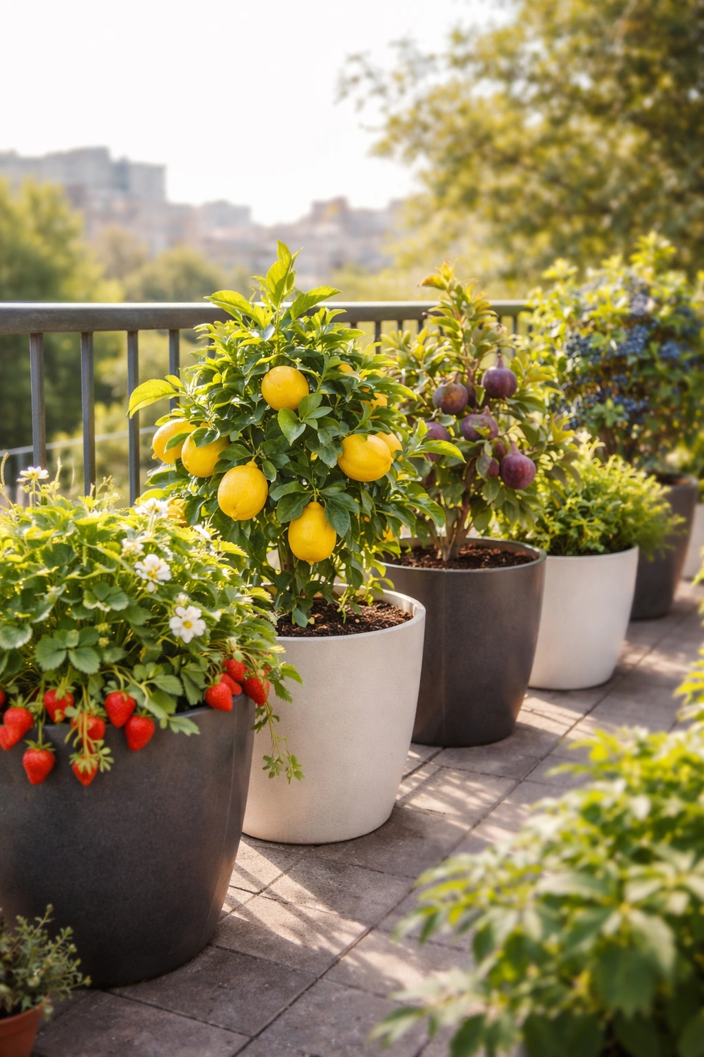 Thriving fruiting plants in modern containers on a sunlit balcony, showcasing container gardening benefits.