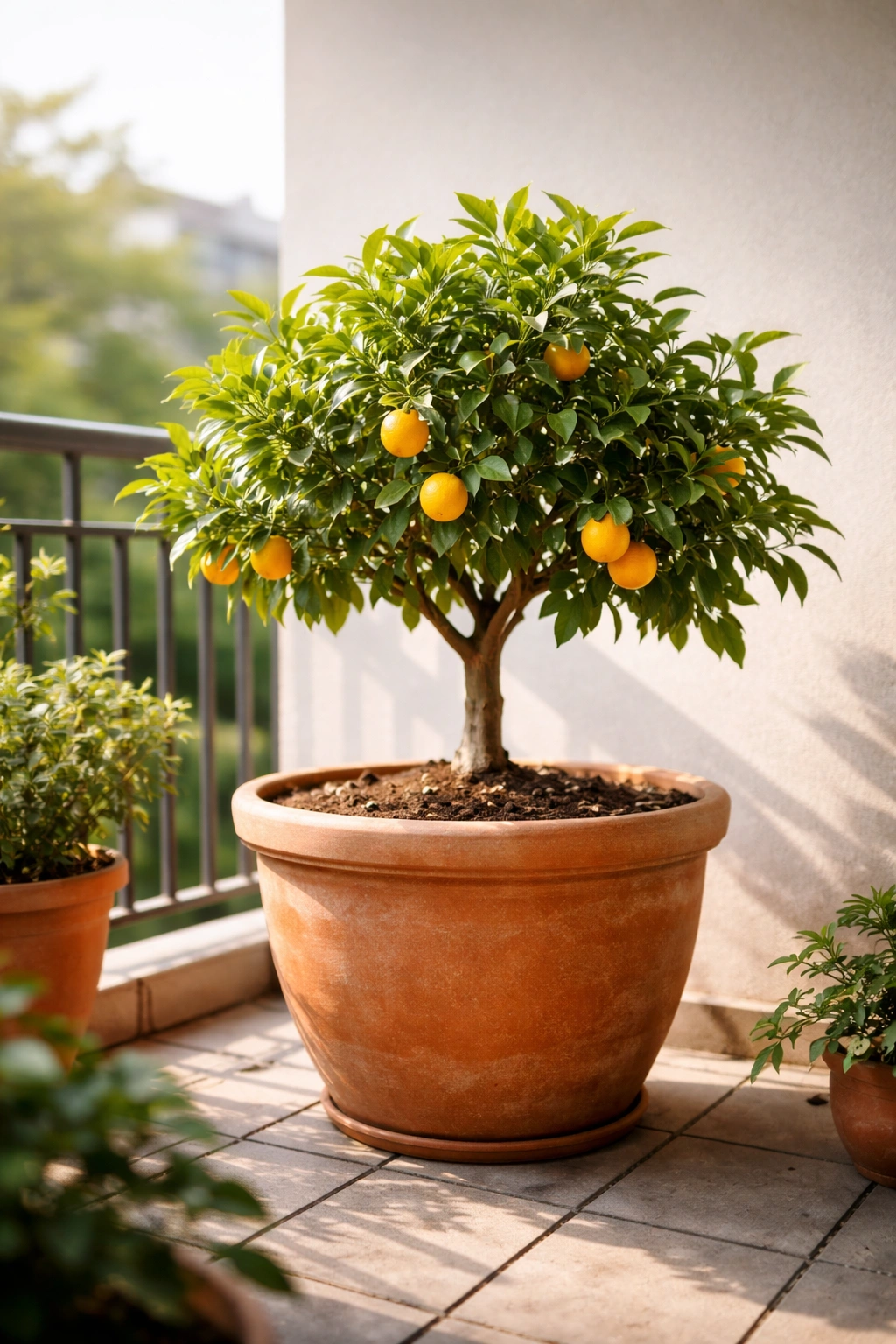 Single dwarf citrus tree in a large container on a small balcony for container gardening
