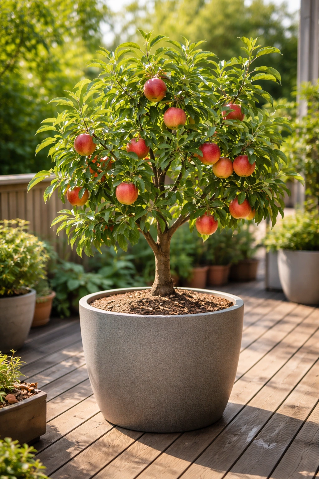 Fruit tree thriving in a large container on a sunlit deck