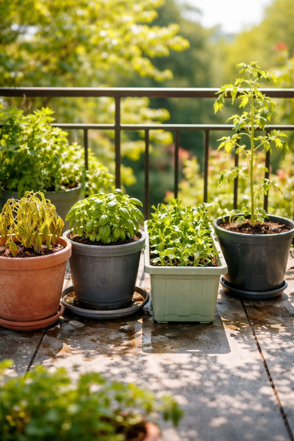 Row of planters showing container gardening mistakes: under-watering, poor drainage, overcrowding, light neglect