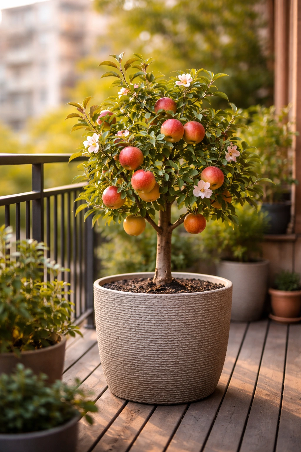 Dwarf apple tree in a container on a sunny balcony illustrating container growing for small spaces