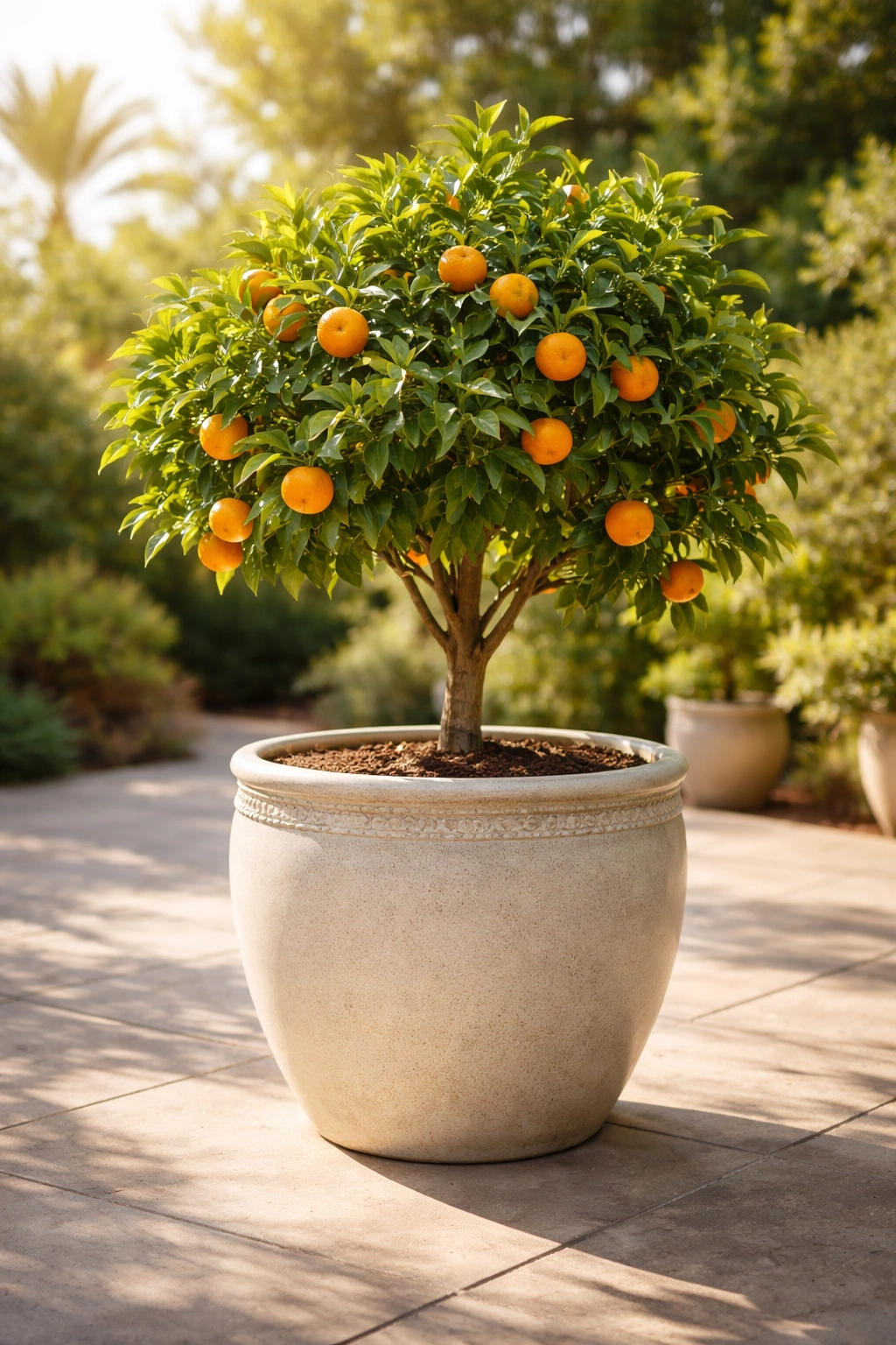 Dwarf fruit tree in a large container on a sunny patio