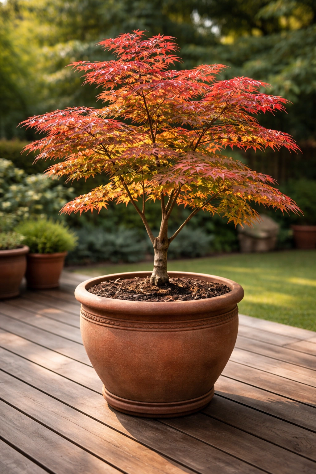 Japanese maple in a terracotta container on a wooden deck