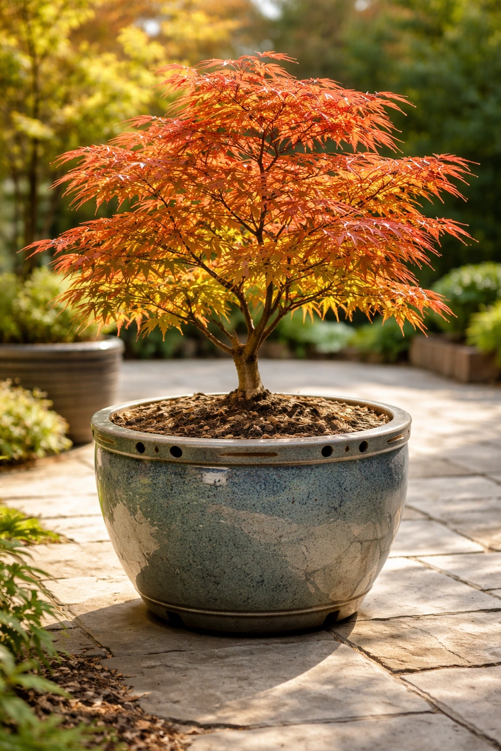 Japanese maple in a ceramic pot on a sunny patio showing drainage holes and soil