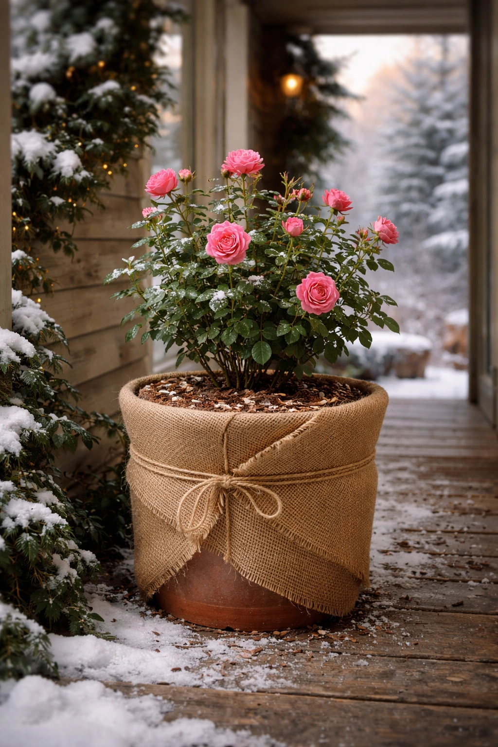 Potted rose wrapped for winter protection on a sheltered porch