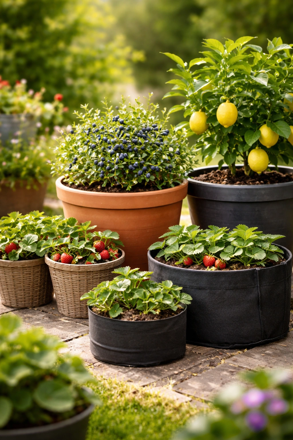 Close-up of various fruit containers showing different sizes and materials.