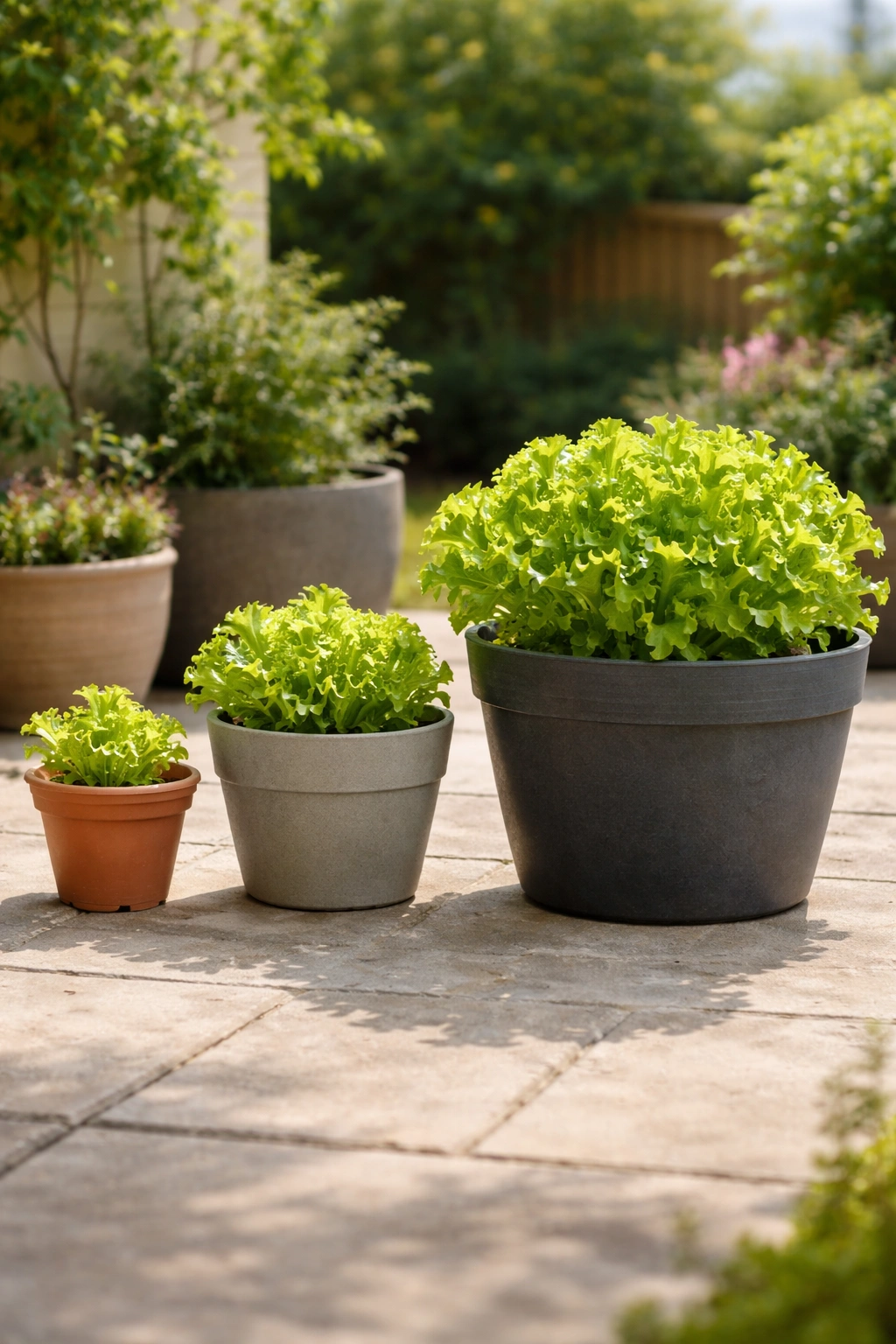 Three pots of different sizes on a patio showing container size differences for plant growth