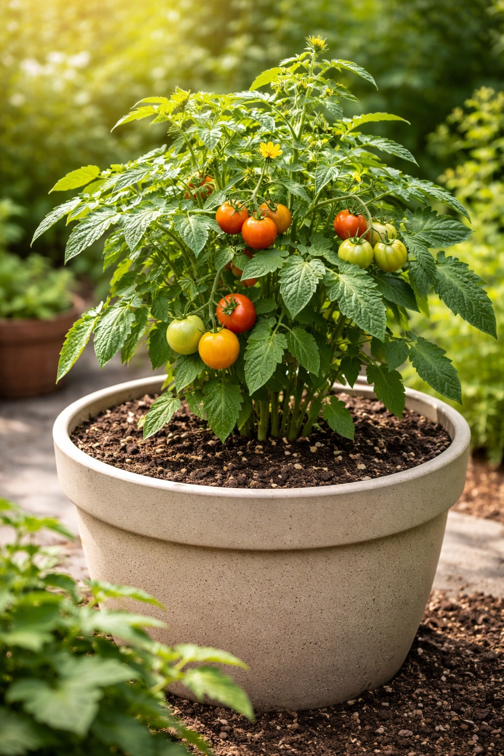 Container-grown tomato plant in 5-gallon pot with rich soil