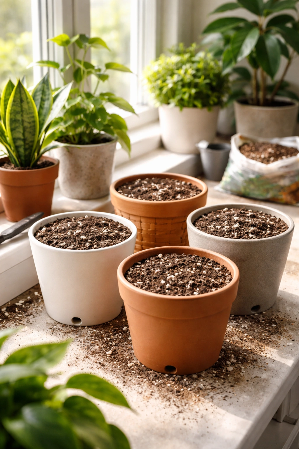 Container pots with well-draining potting mix on a bright windowsill