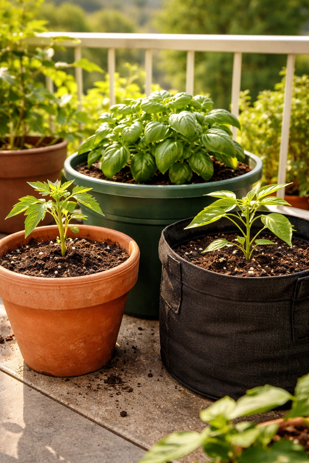Diverse container types with seedlings on a bright balcony