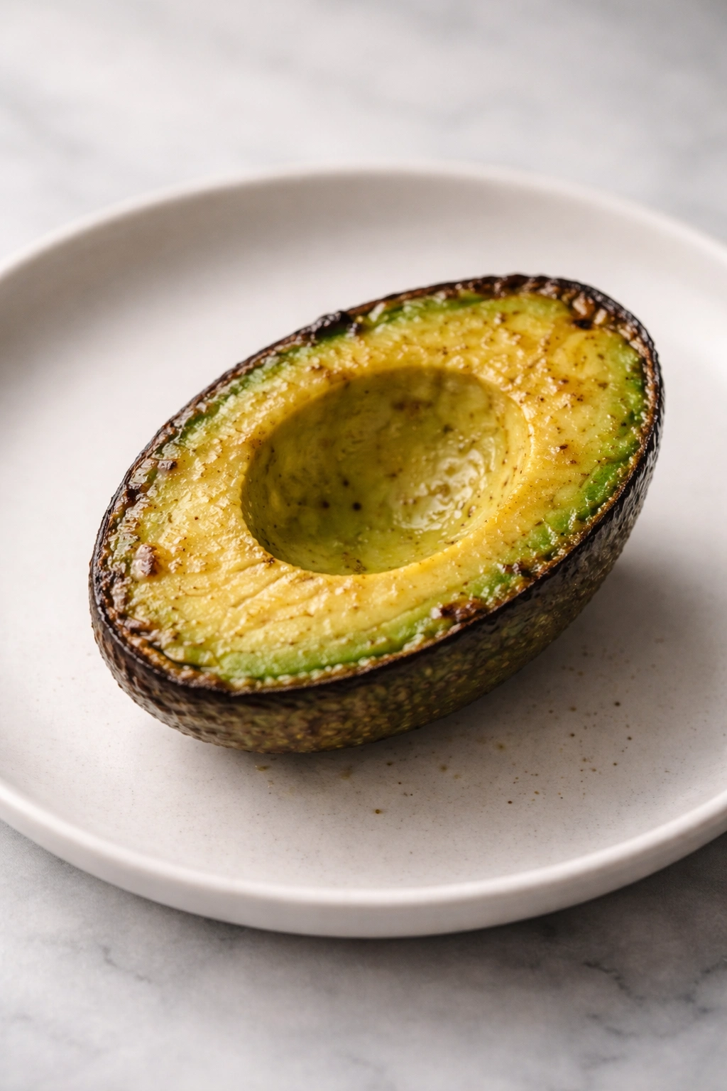 Close-up of a cooked avocado half on a plate, highlighting safe preparation and green flesh