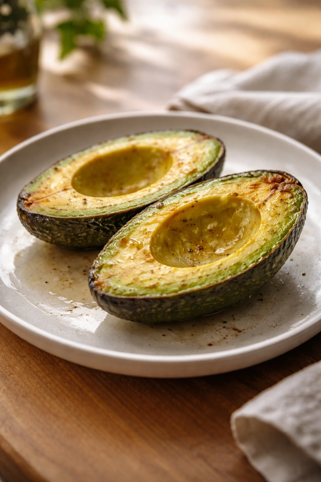 Two halves of a cooked avocado on a plate illustrating potential risks and safe handling