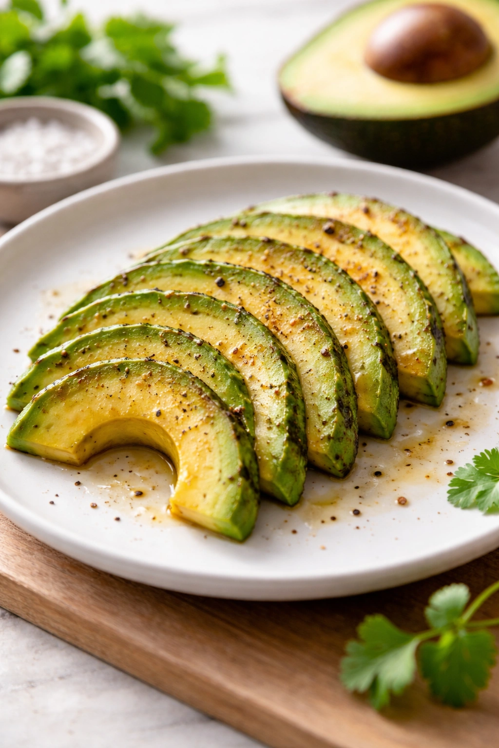 Neat fan of avocado slices on a plate representing safe cooked avocado conclusion