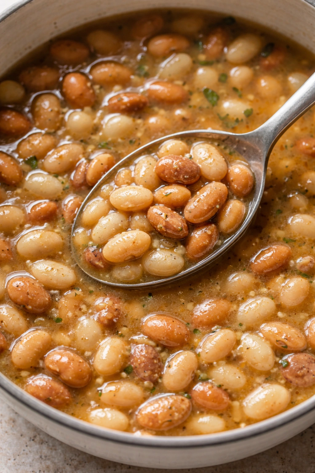 Close-up of fully tender beans in light broth showing soft texture.