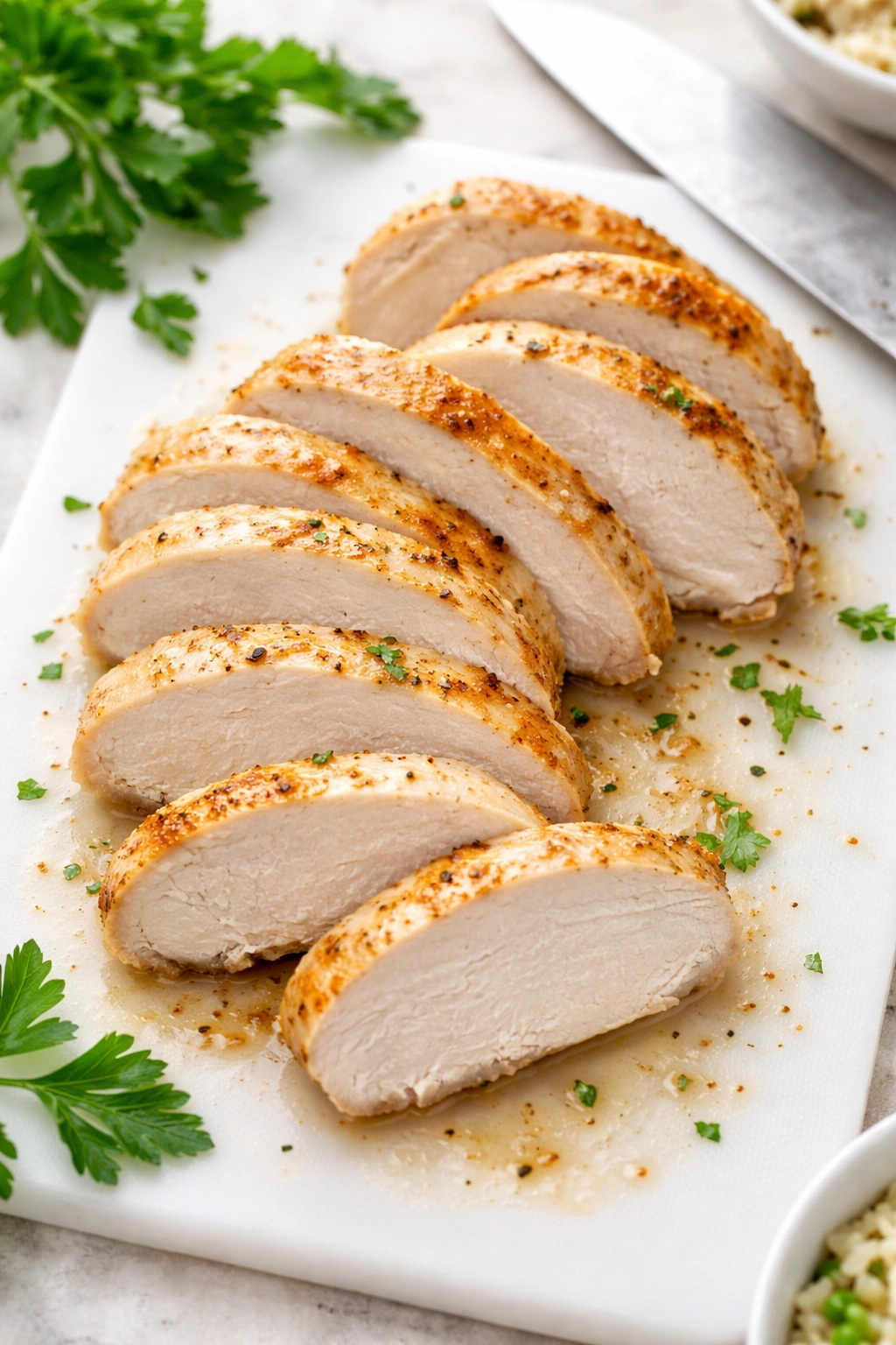 Cross-section of cooked chicken breast showing white interior