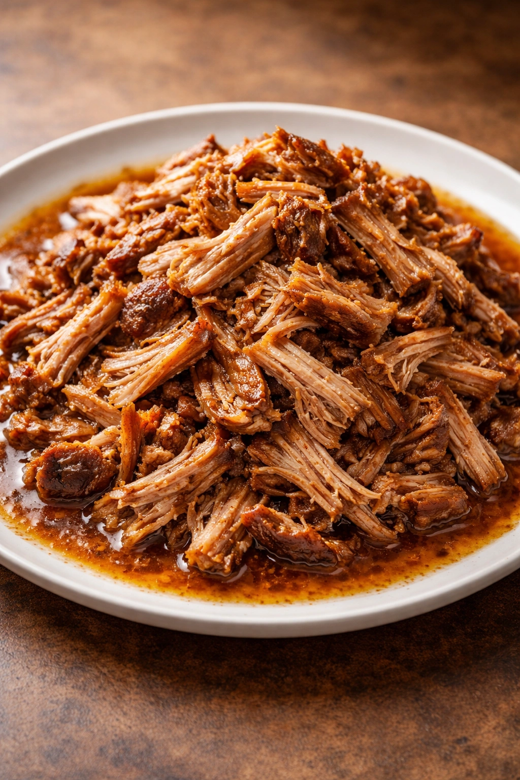 Cooked shredded pork shoulder on plate with juices