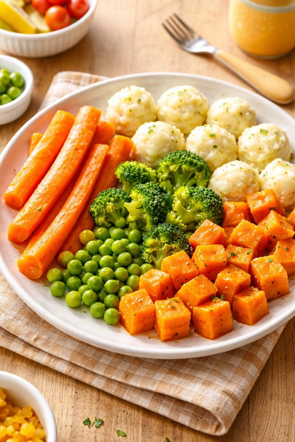 Cooked sweet potato cubes, mashed potatoes, and tender carrot pieces on a plate.
