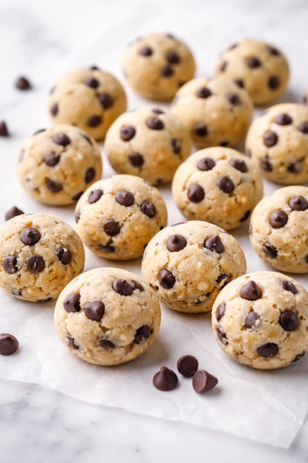 Bite-sized cookie dough bites with chocolate chips on a clean surface.