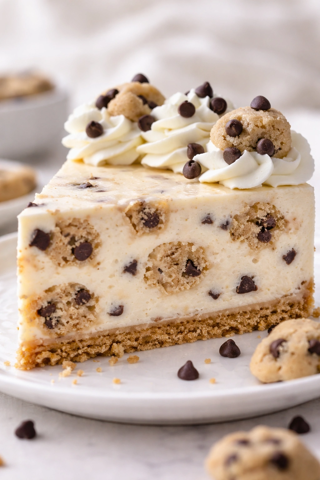 Close-up of creamy cookie dough cheesecake slice with dough pockets