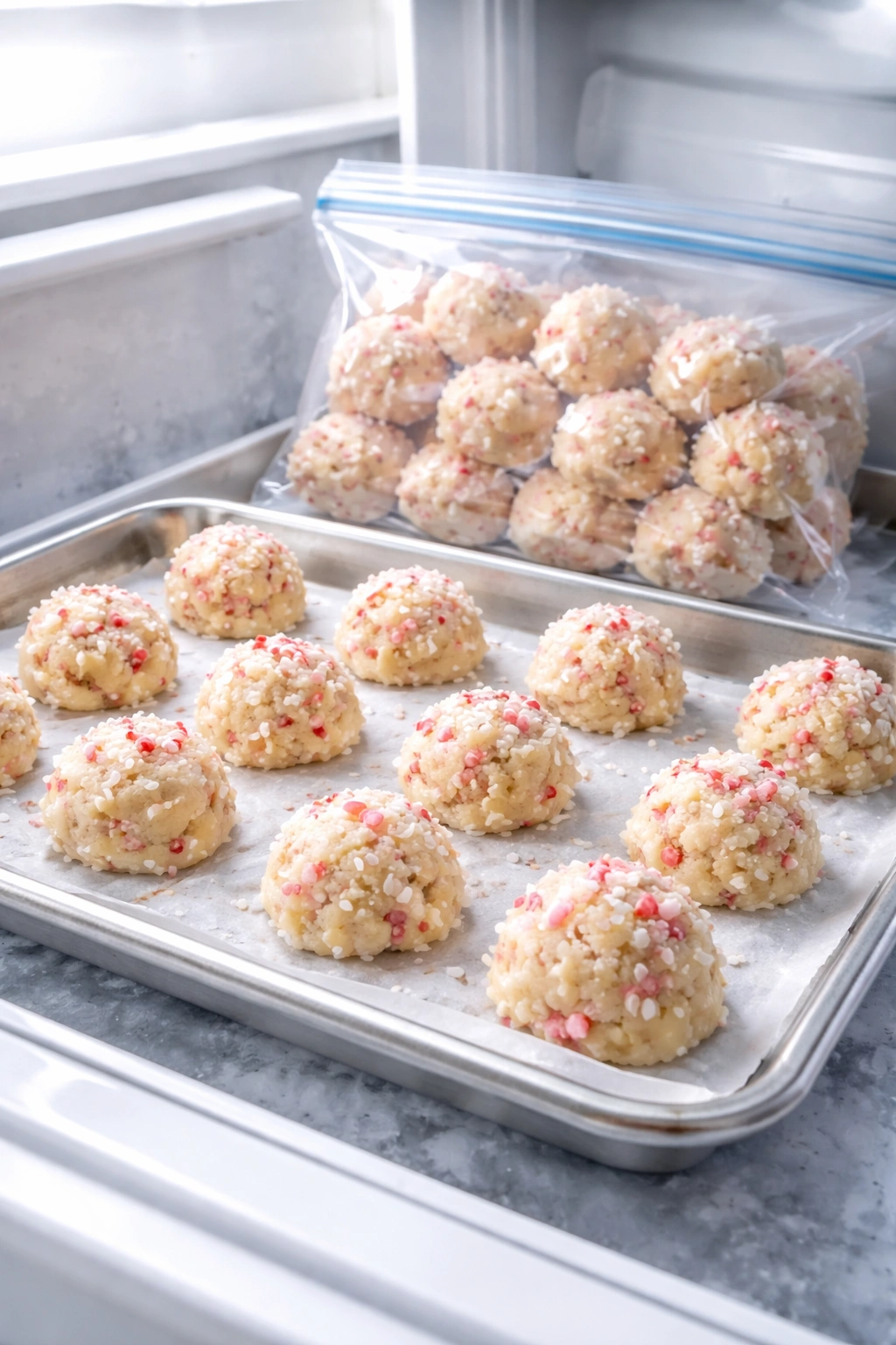 Frozen cookie dough scoops ready to bake for make-ahead holiday prep