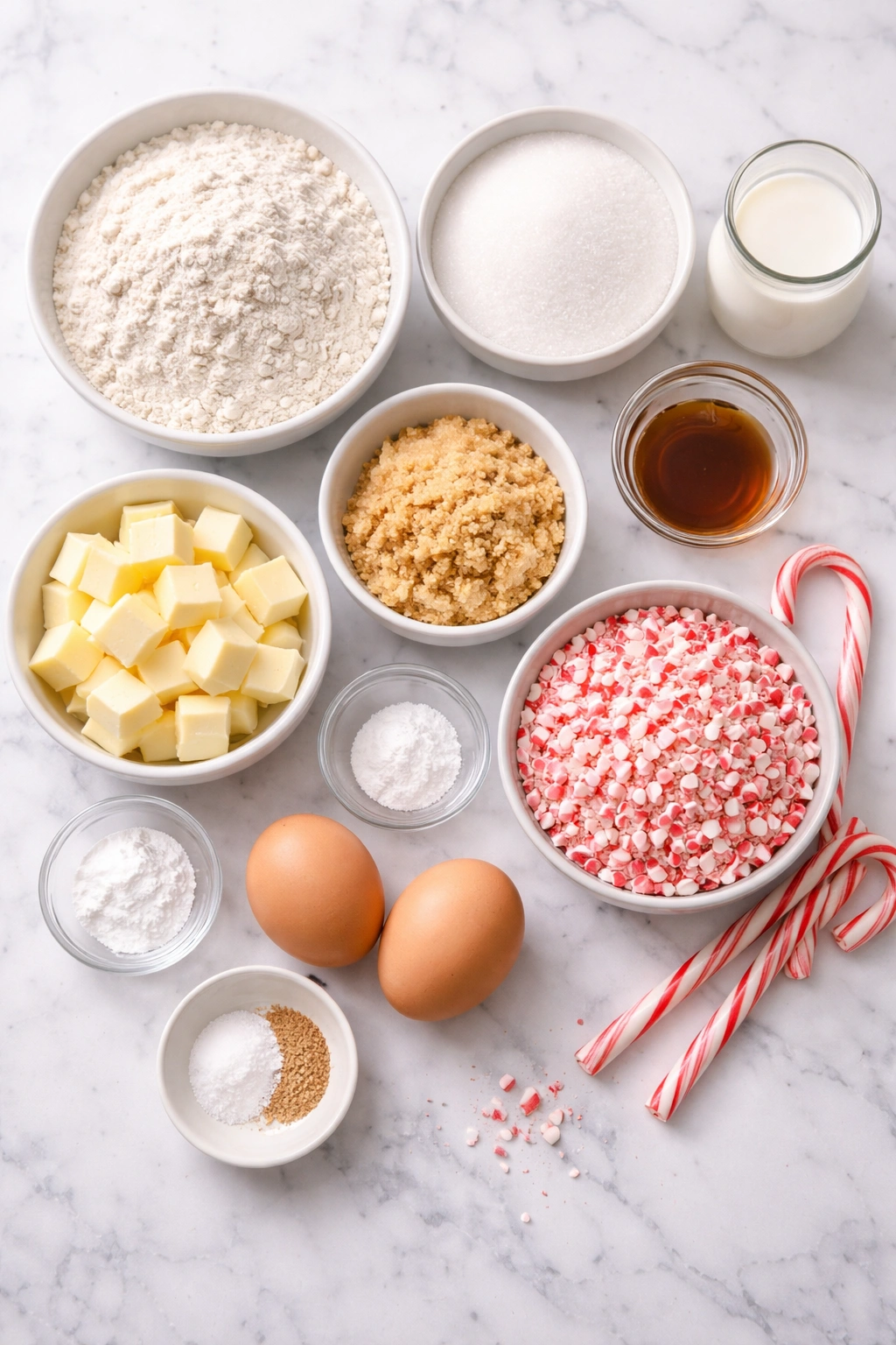 Bowls of ingredients for cookie dough on a marble surface