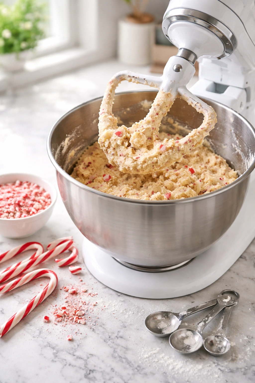 Mixing bowl with dough and stand mixer in a bright kitchen