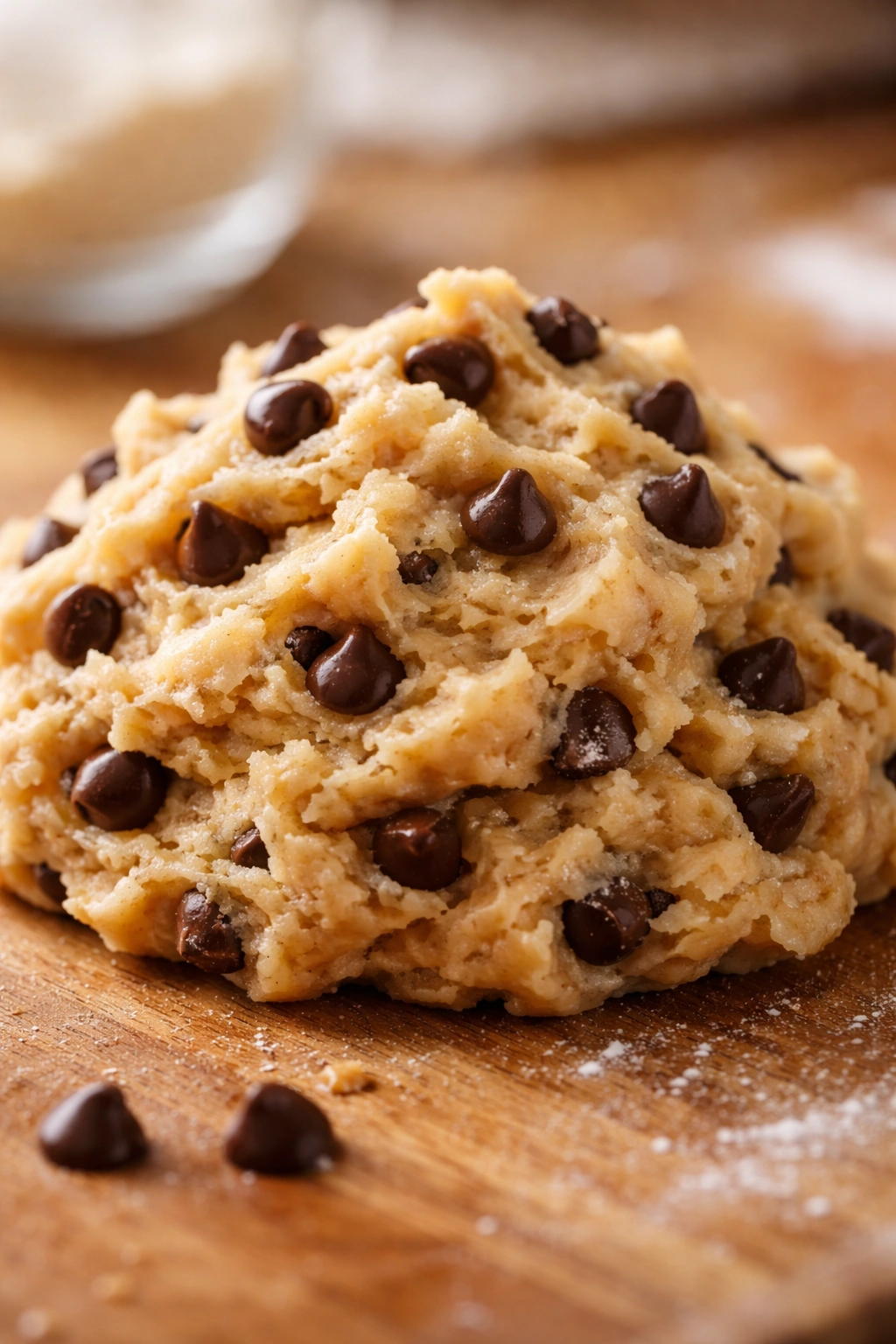 Mound of edible-looking cookie dough on wooden surface