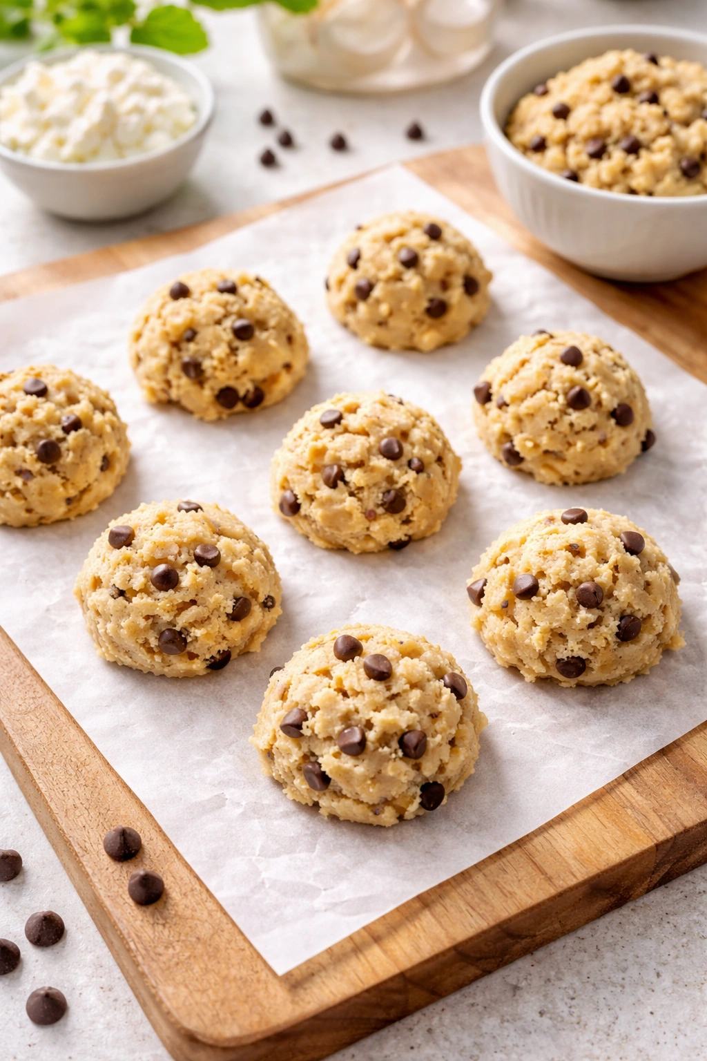 Scooped cookie dough on parchment ready for serving