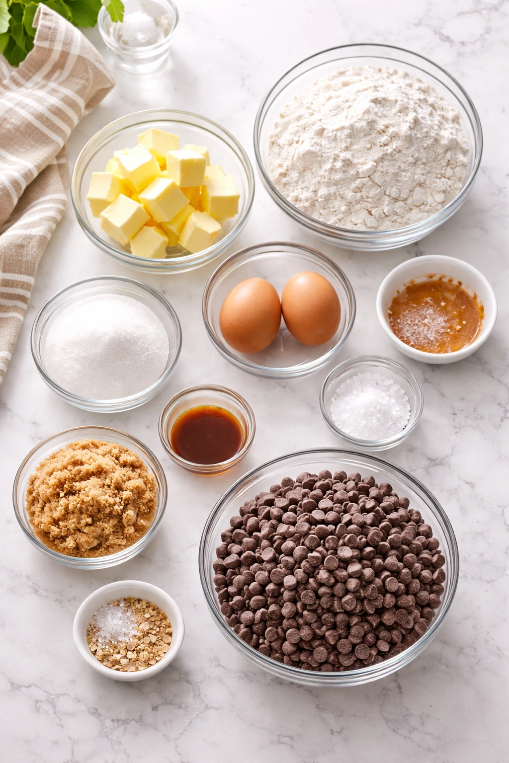 Top-down view of cookie ingredients arranged in bowls and cups