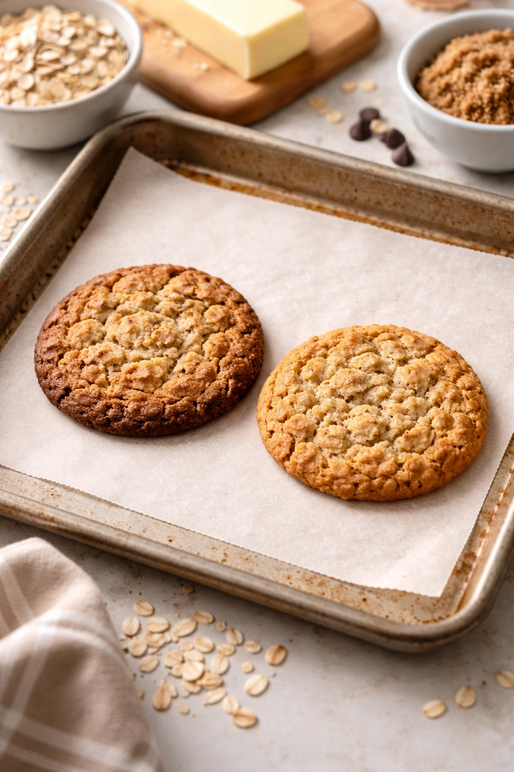 Two oatmeal cookies with contrasting textures on a baking sheet