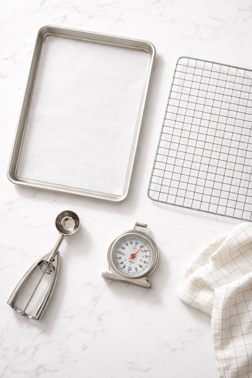 Flat lay of essential cookie baking tools: scoop, sheet with parchment, thermometer, and cooling rack