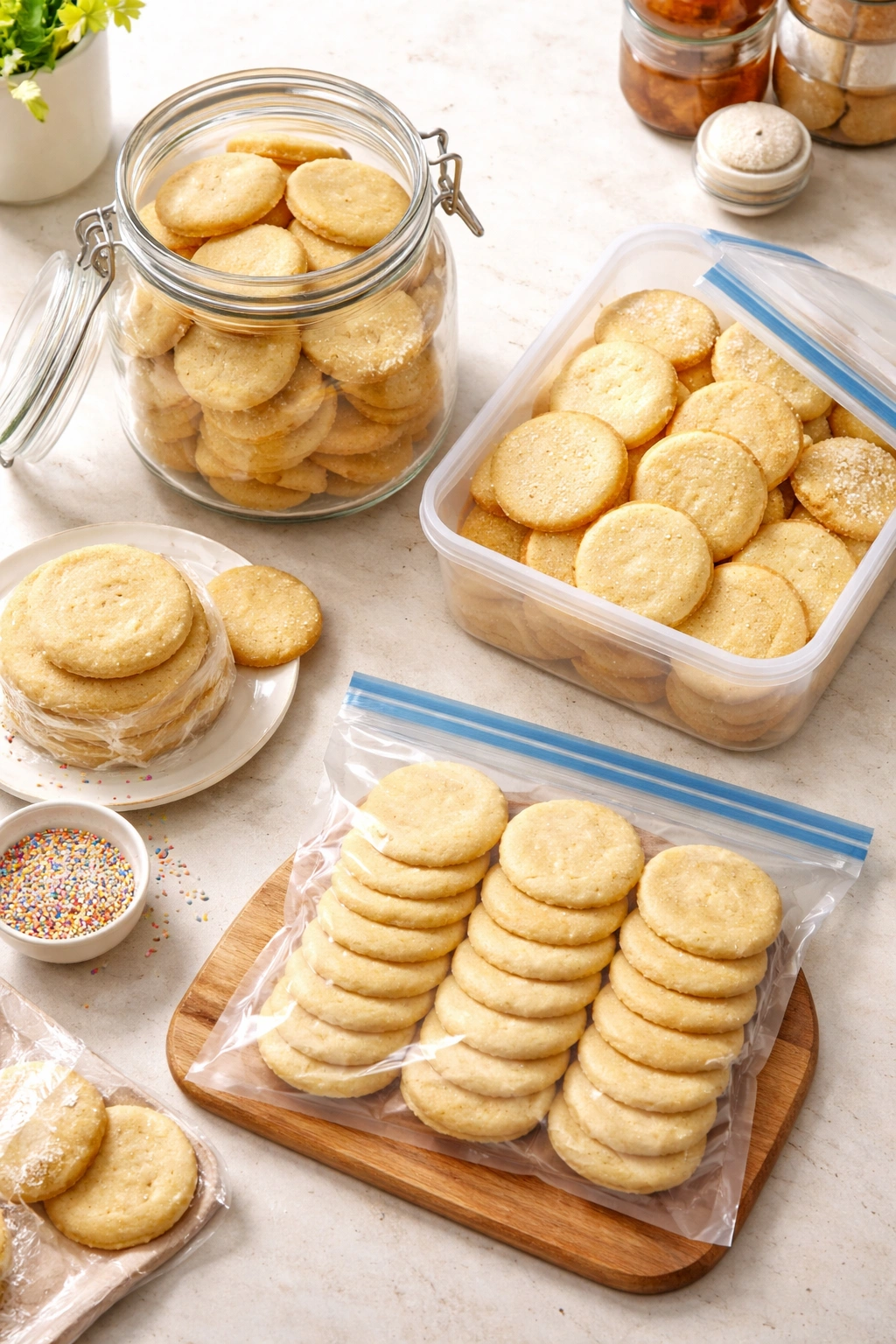 Airtight containers and a freezer bag with sugar cookies on a counter