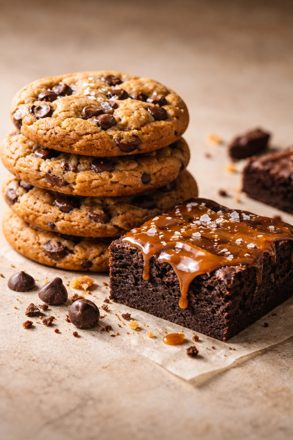 Brown butter cookies and a brownie on a neutral surface