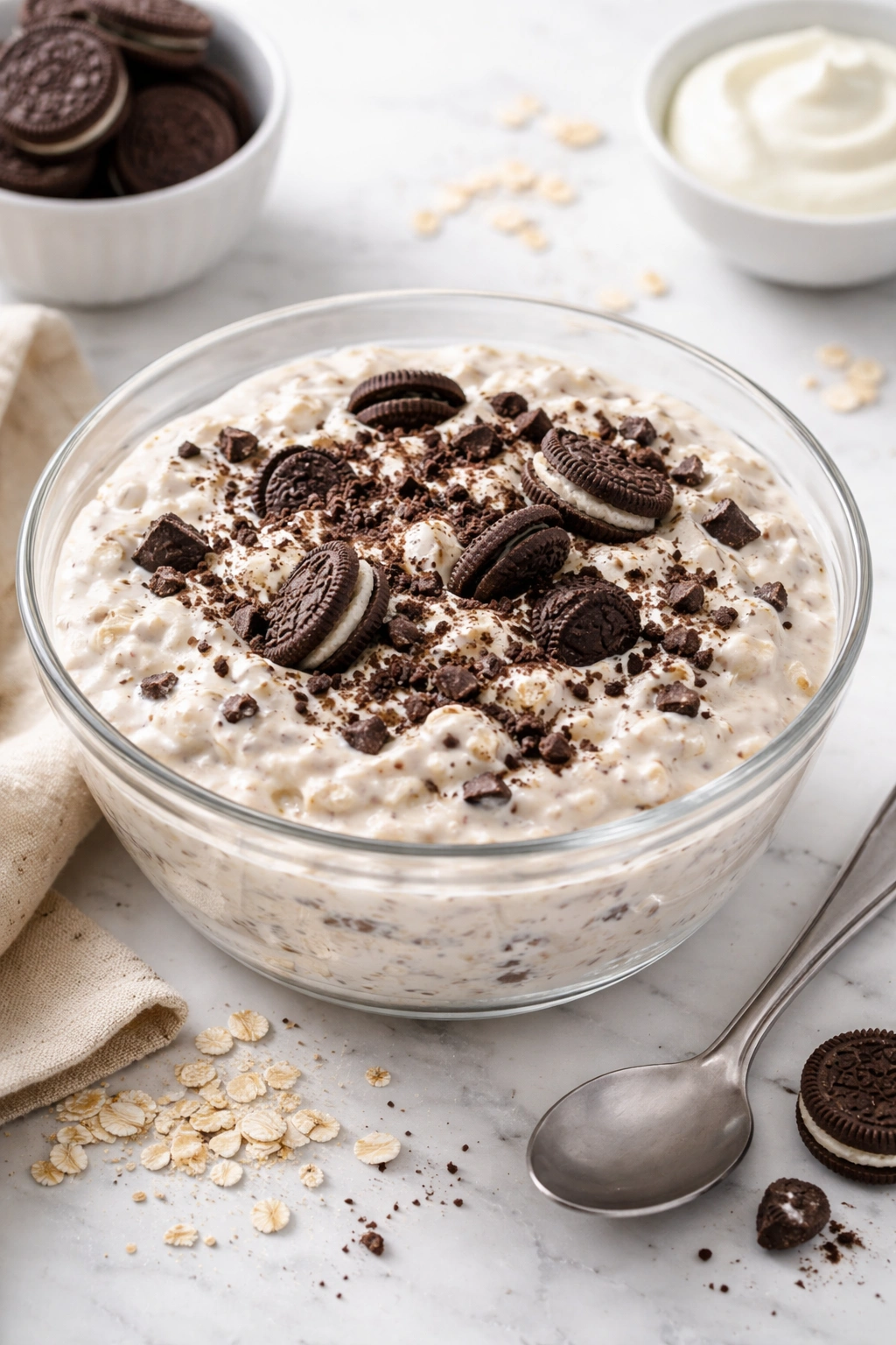 Creamy vanilla oats with crushed cookies on top in a glass bowl