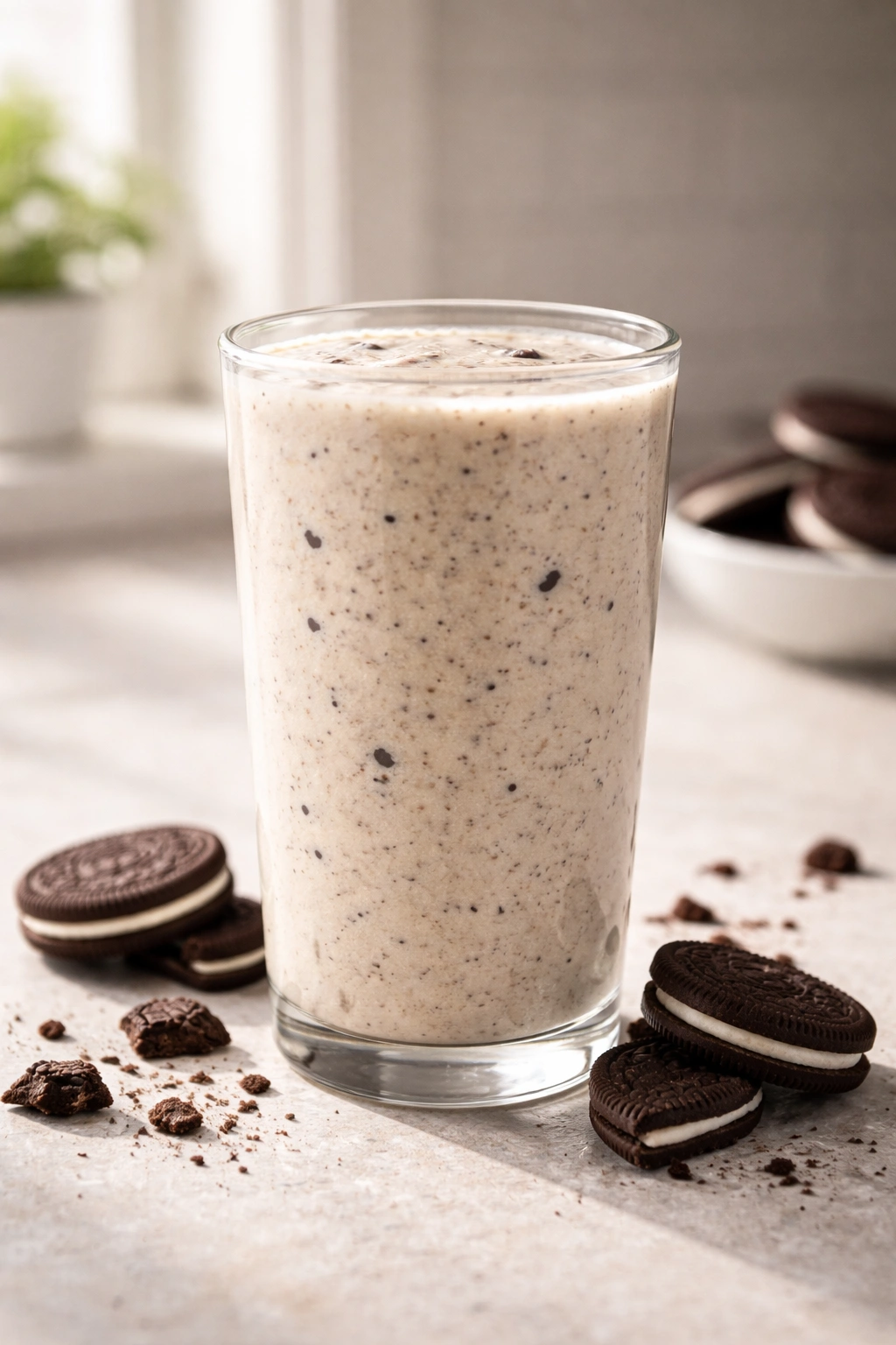 Glass of cookies and cream protein smoothie with cookie specks