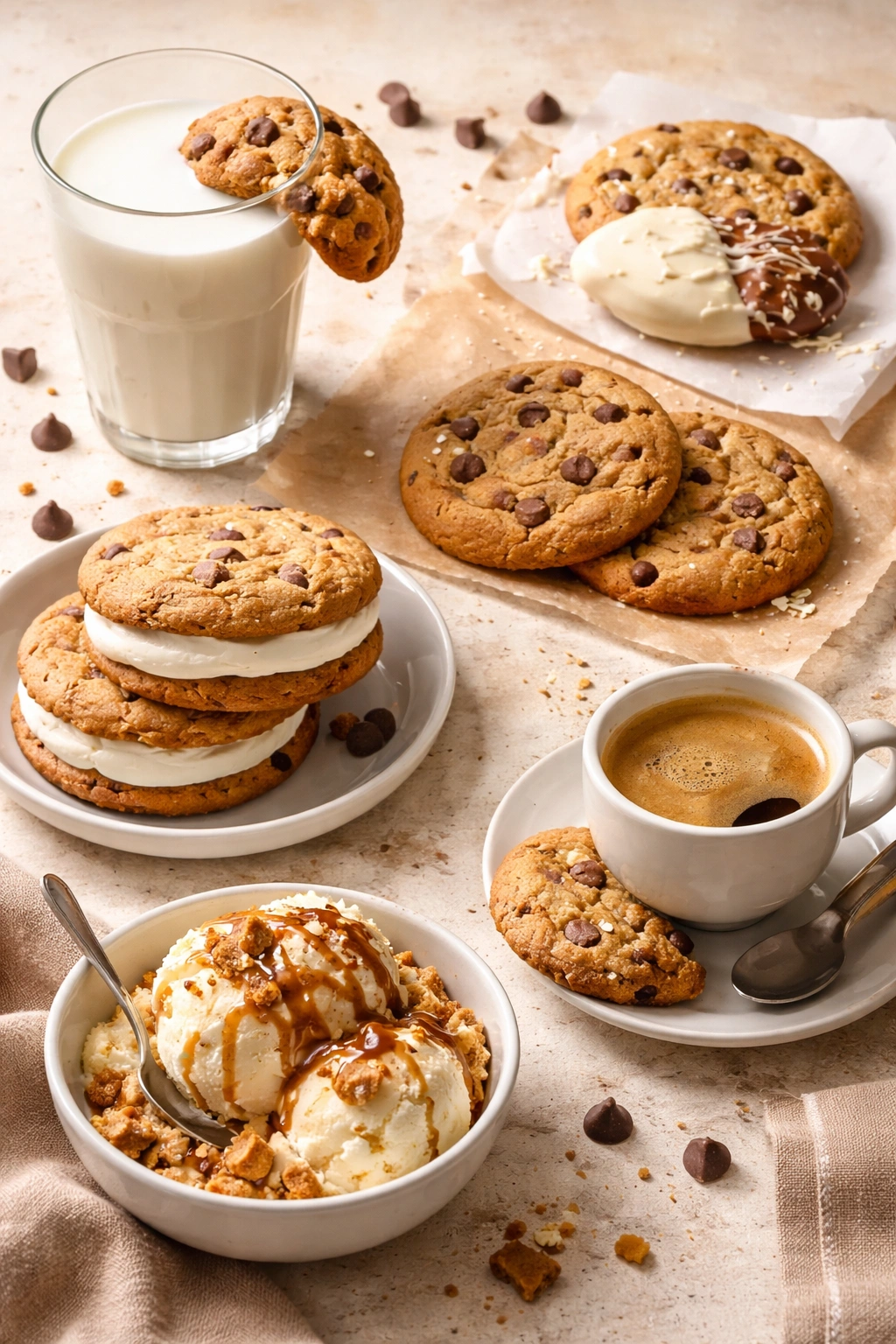 Still life of five cookies with milk, white-dipped, frosting sandwich, ice cream crumble, and espresso