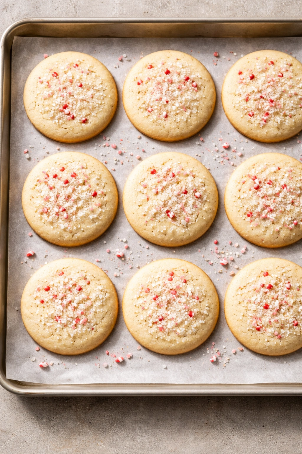 Close-up of evenly shaped cookies on parchment-lined baking sheet