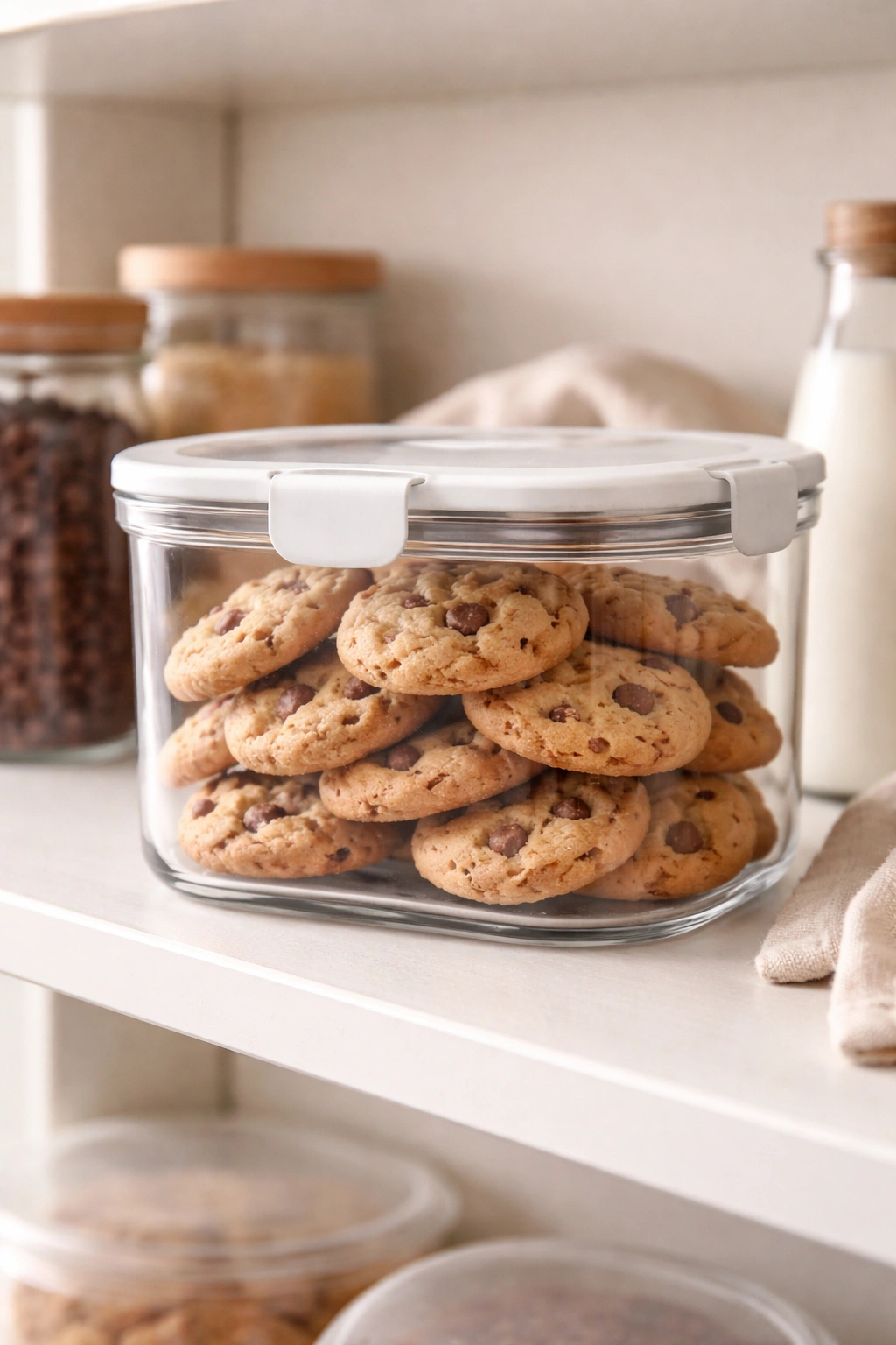 Airtight container of cookies on a kitchen shelf