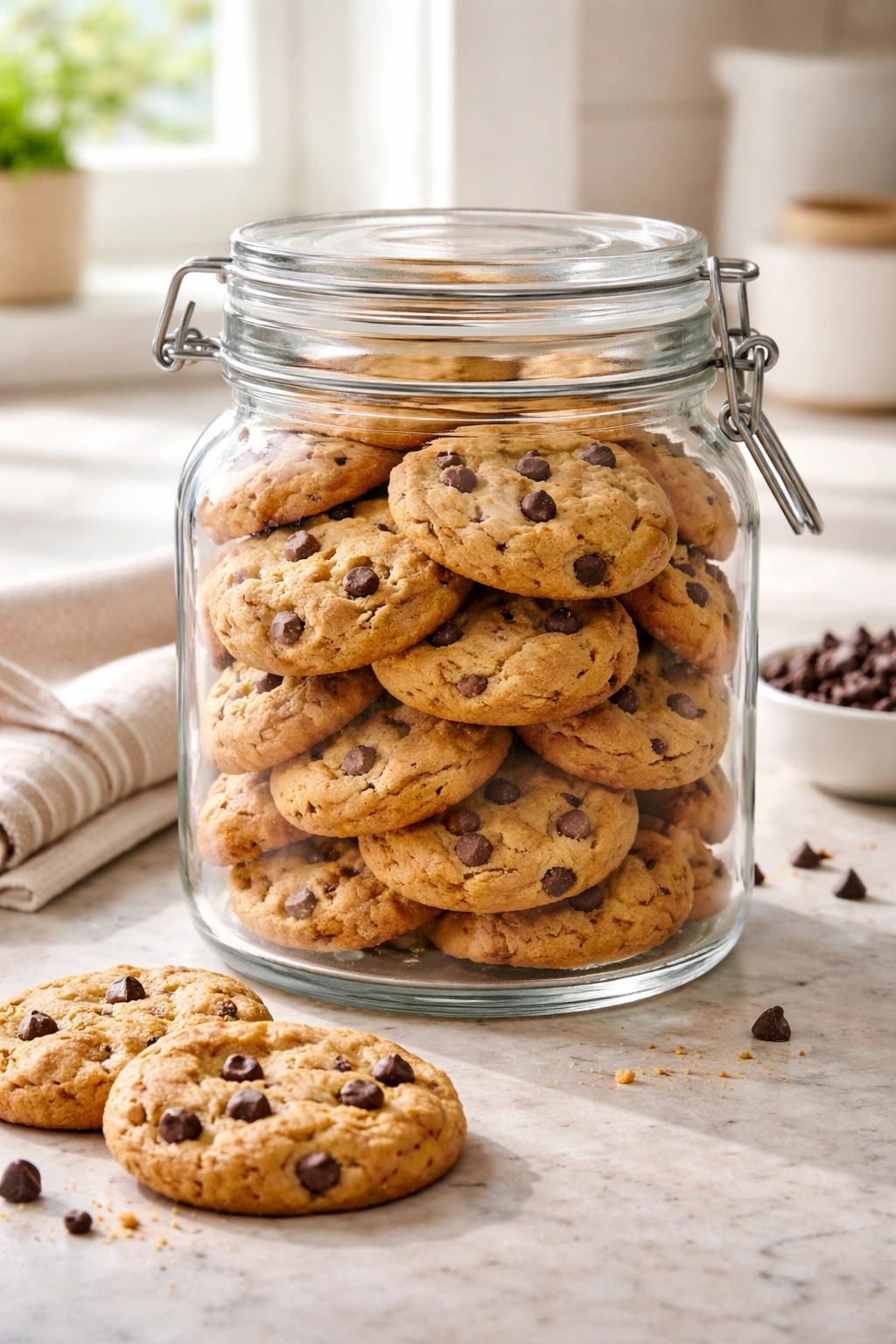 Airtight glass jar with soft chewy cookies on a clean kitchen counter