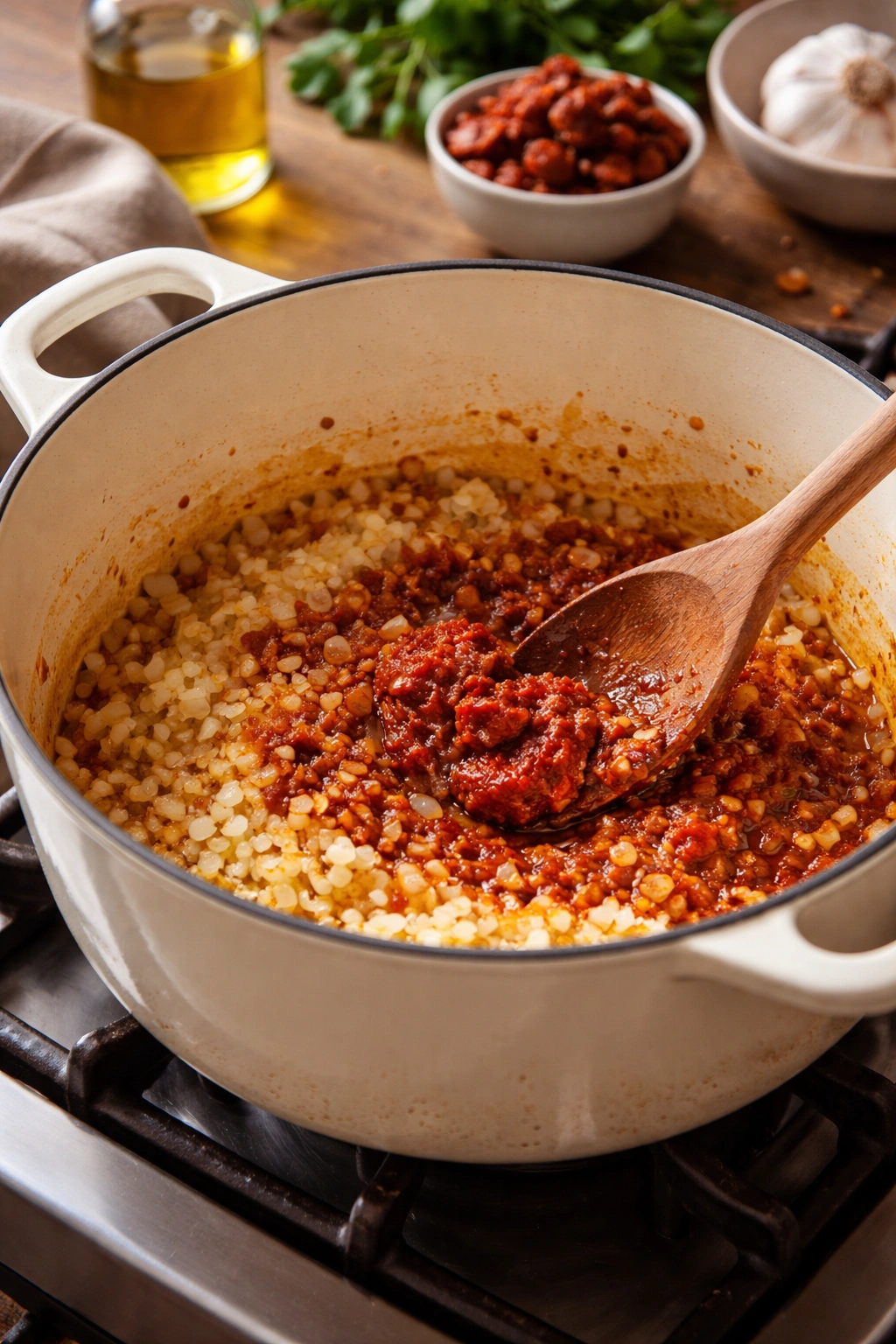 Onions and garlic sautéing in a Dutch oven forming a flavor base