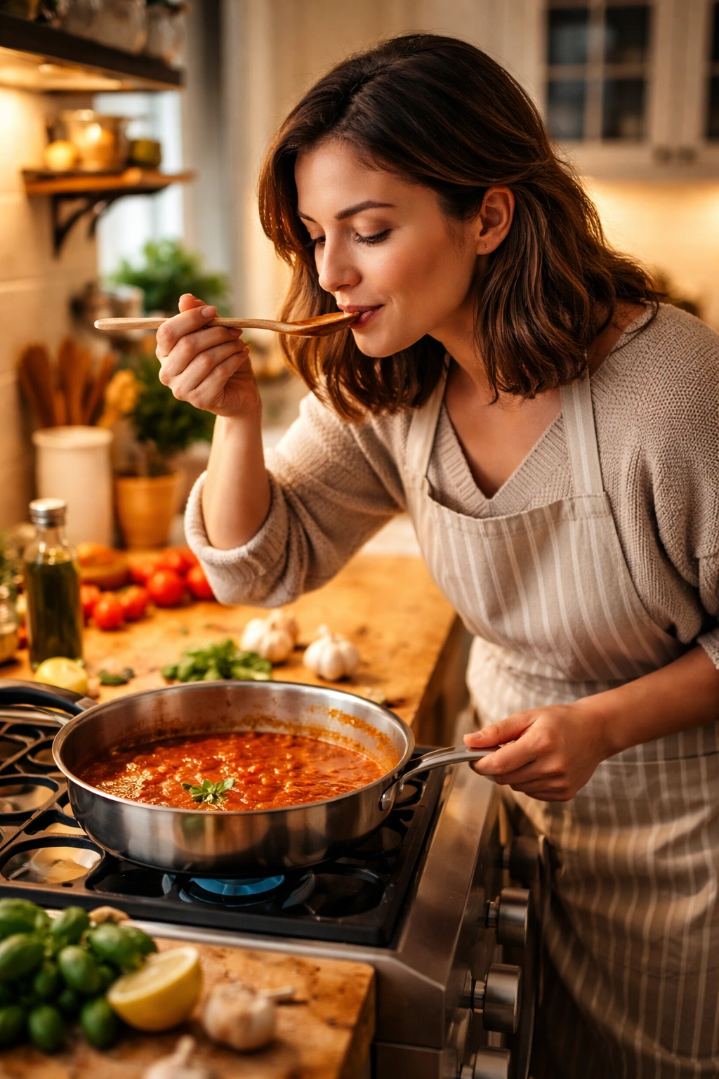 Home cook tasting sauce on stove in warm cozy kitchen