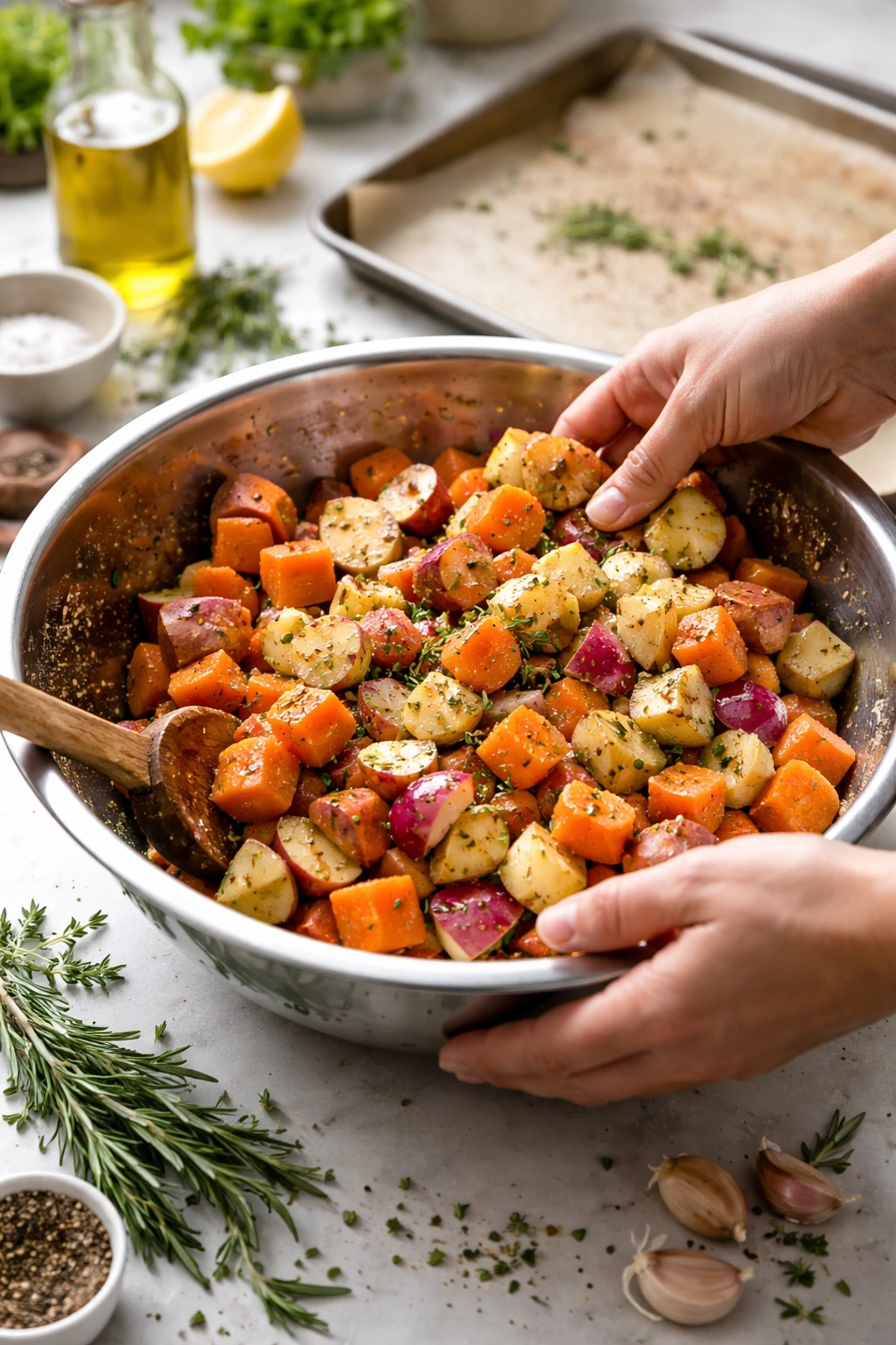 Hands tossing vegetables in a bowl with oil and seasonings