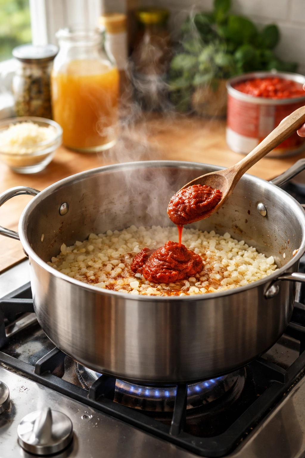 Pot on stove showing sautéing aromatics and tomato paste as step-by-step cooking progresses