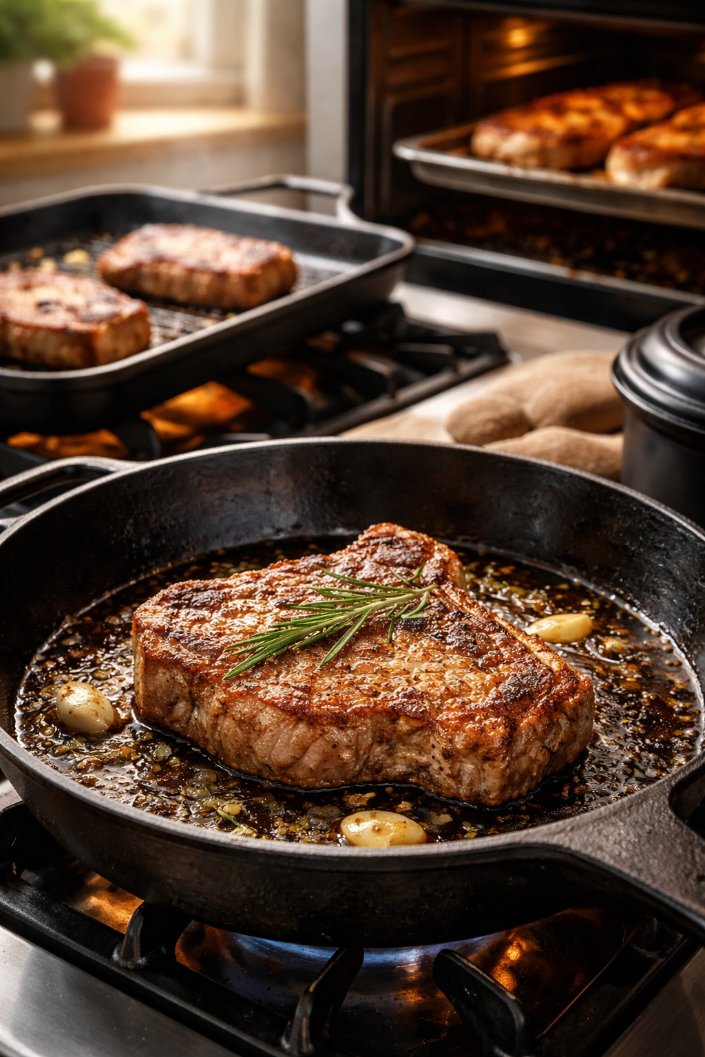 Pork chop on skillet with grill pan and oven in the background