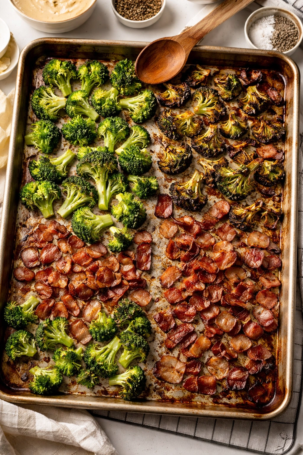 Pan with good and bad browning of broccoli and bacon illustrating common mistakes