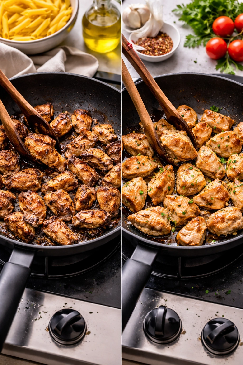 Two pans on a stove showing overcooked and properly cooked chicken