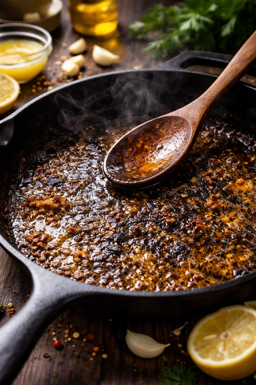 Burnt fond in a pan with a wooden spoon, illustrating common mistakes.