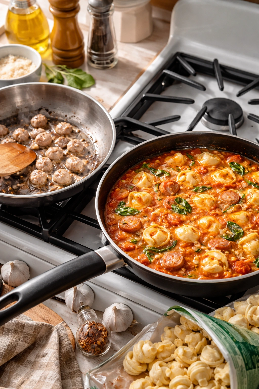 Sauteing sausage with insufficient heat and a gently simmering sauce illustrate common cooking slowdowns.